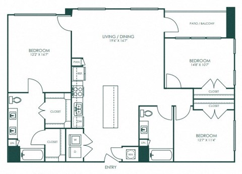 Floor plan for 3 beds, 2 baths, 1460 sqft